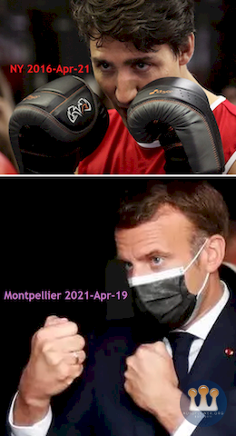 Justin Trudeau, NY 2016-Apr-21;  Emmanuel Macron, Montpellier 2021-Apr-19