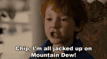 a young boy is saying `` chip , i 'm all jacked up on mountain dew ''