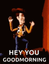 woody from toy story is dancing and saying `` hey you goodmorning '' .