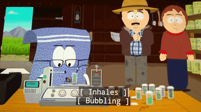 a cartoon of a man standing next to a machine that says inhales bubbling on it